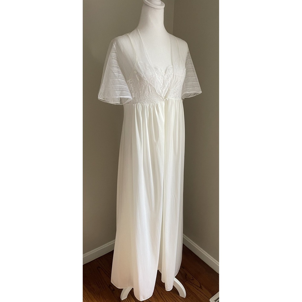Vintage Val Mode M/L Lace Ivory Maxi Peignoir Nightgown Lingerie Robe 2pc Set‎